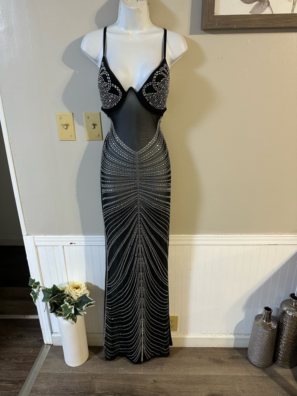 Black Sheer Rhinestone Embellished Evening Gown